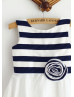 Ivory And Navy Blue Striped Taffeta Flower Girl Dress With Flower